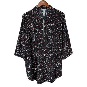 Catherines Blouse 1/2 Zip Black Red Pattern 3/4 Sleeve Office Women's 1X 18/20W